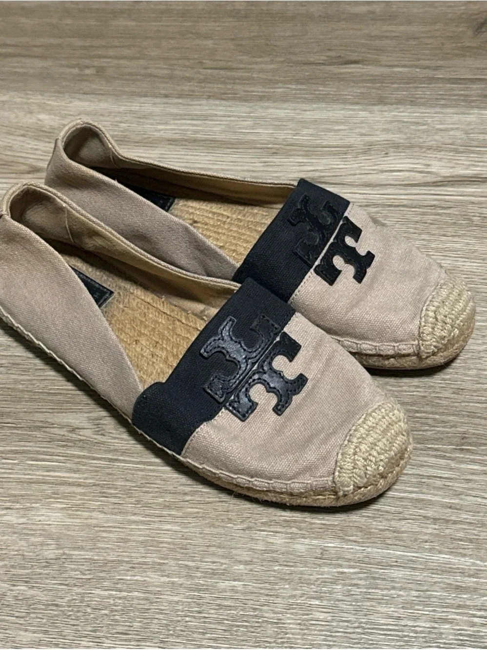 Tory Burch Beige Canvas Espadrille Flats with Black Logo Band